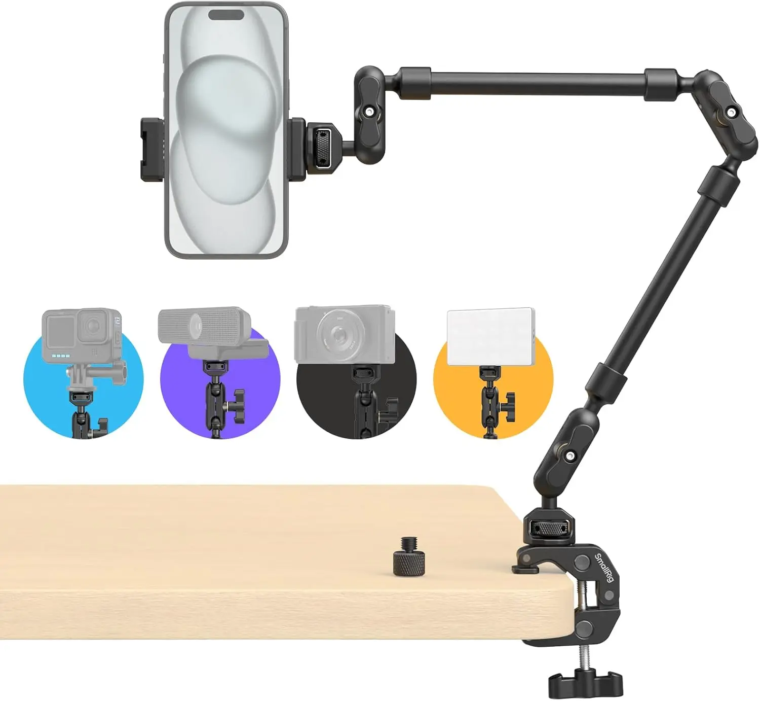 

22" Flexible Camera Boom Arm with Phone Mount, 600g Load Capacity for Overhead Shooting & Live Streaming