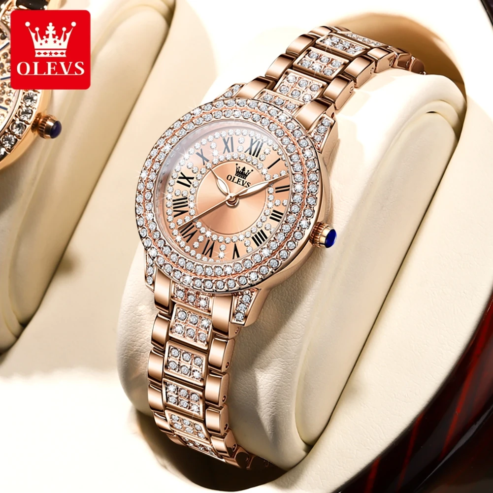 OLEVS-reloj de oro rosa para mujer, pulsera de cuarzo con diamantes de cielo estrellado, resistente al agua, luminoso, de acero completo, regalo para novia