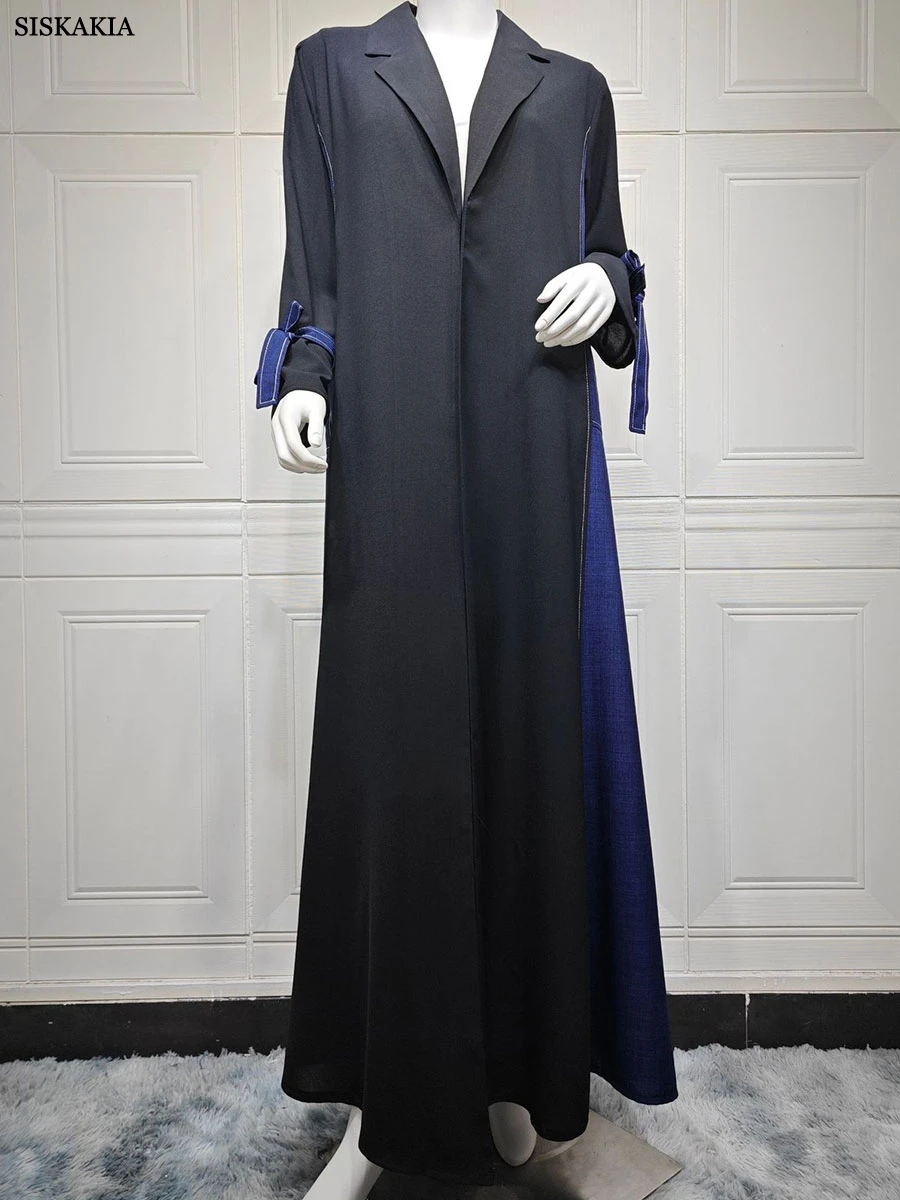 Siskakia Ramadan Denim Patchwork Abaya Fashion Bow Bundled Sleeve Kaftan Elegant Casual Clothing