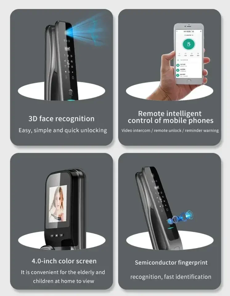 Tuya-cerradura de puerta inteligente con Wifi, dispositivo de cierre con reconocimiento facial 3D, pantalla a Color de 4,0 pulgadas, huella dactilar, contraseña, llave, desbloqueo, batería de 4200mAH