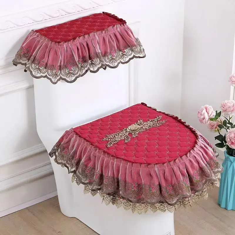 Hot Selling Double-side Golden Velvet Toilet Mat New Three Piece Toilet Set Zippered Lace European Style Seat Cushion