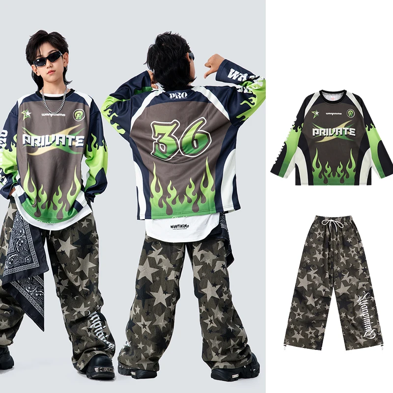 

Children's Hip Hop Dance Costume Girls K-Pop Jazz Stage Outfit Boy's Fashion Show Performance Clothes Green Tops Pants XH1179