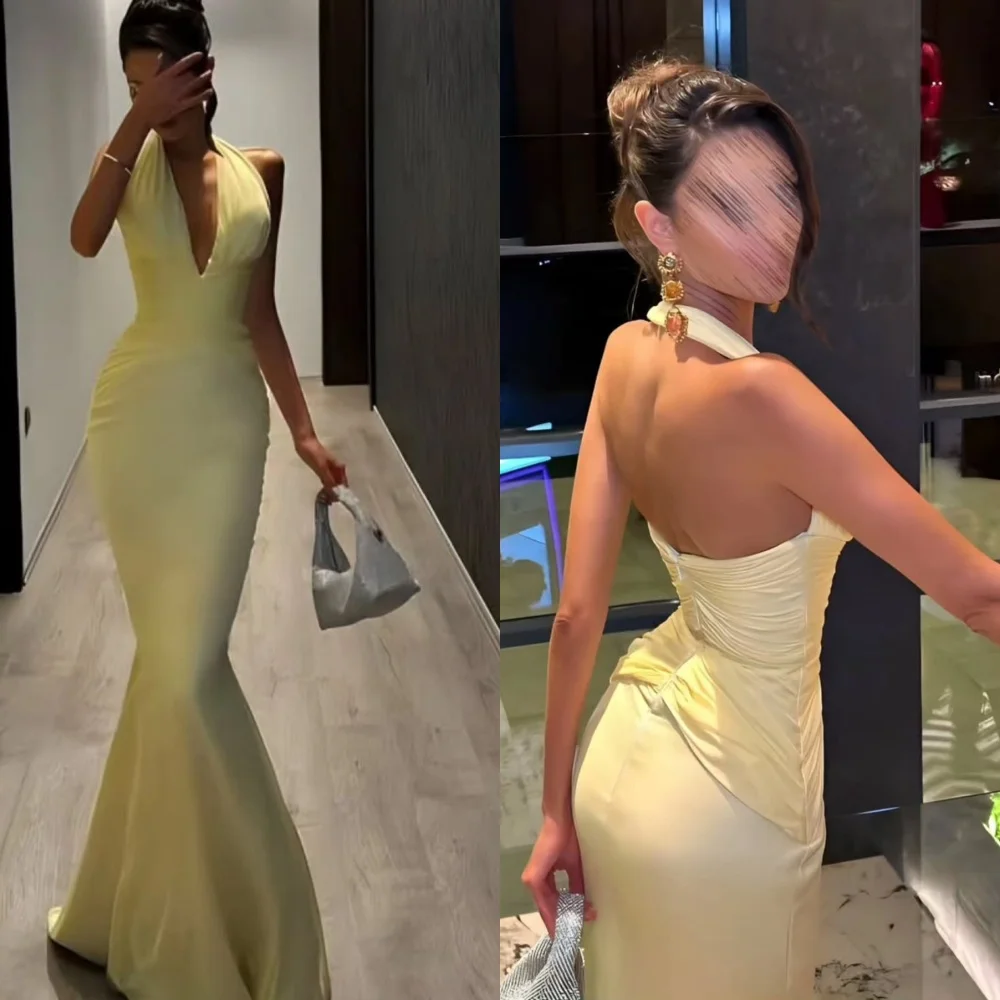 

Customized Classic Halter V-Neck Sleeveless Evening Dress Temperament Mermaid Ruched Prom Dresses Delicate Bridal Party Gowns