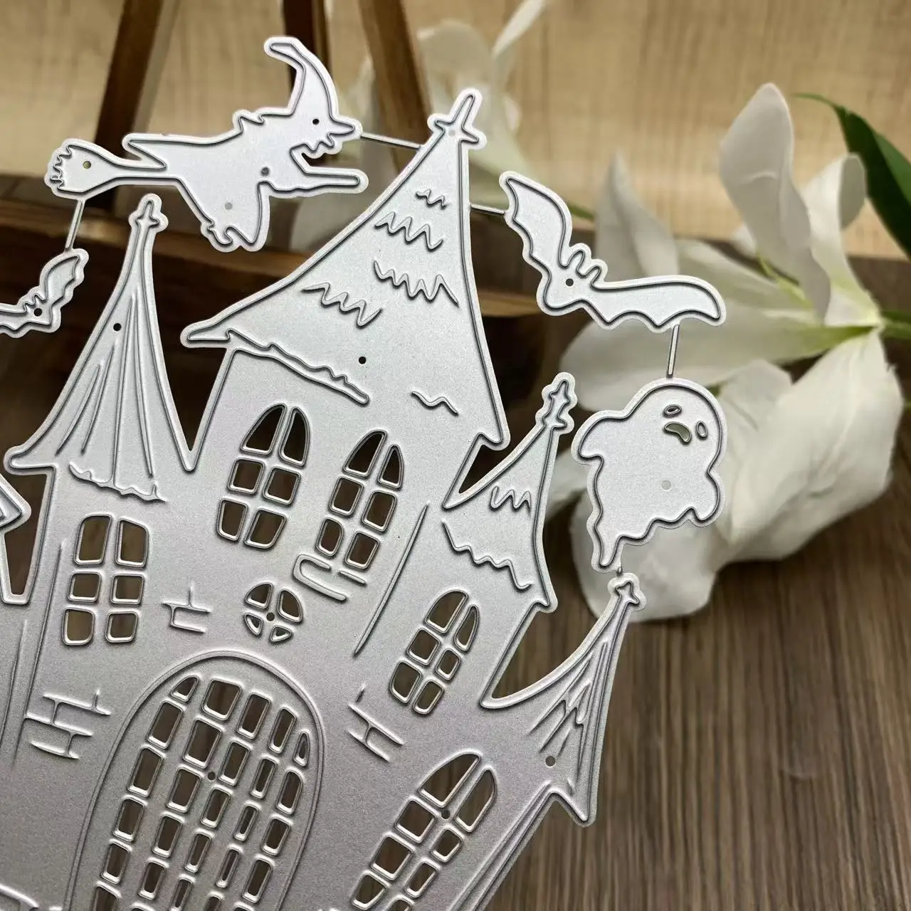 Halloween Spukhaus Schloss Fledermaus Hexe Geist Metall-Stanzformen Feiertagsszene DIY Scrapbooking Kartenherstellung Stanzformen – Detail 3