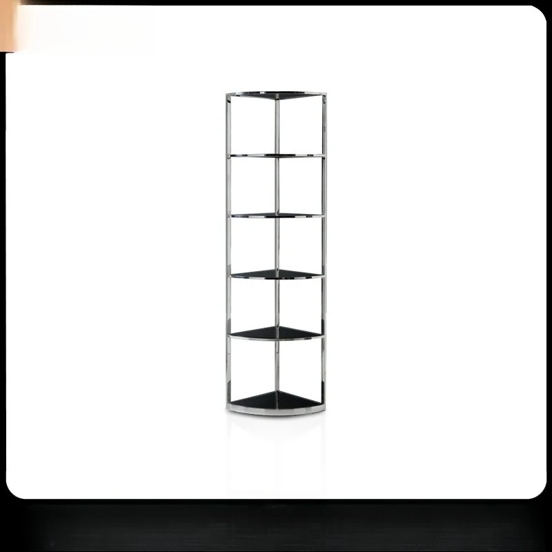#Corner stainless steel floor display rack glass clothing store shelf light luxury wine cabinet transparent display cabinet