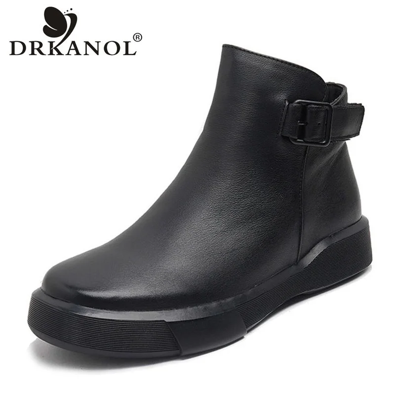 

DRKANOL Women Genuine Leather Boots 2025 New Genuine Leather Side Zipper Round Toe Autumn Winter Warm Plush Flat Ankle Boots