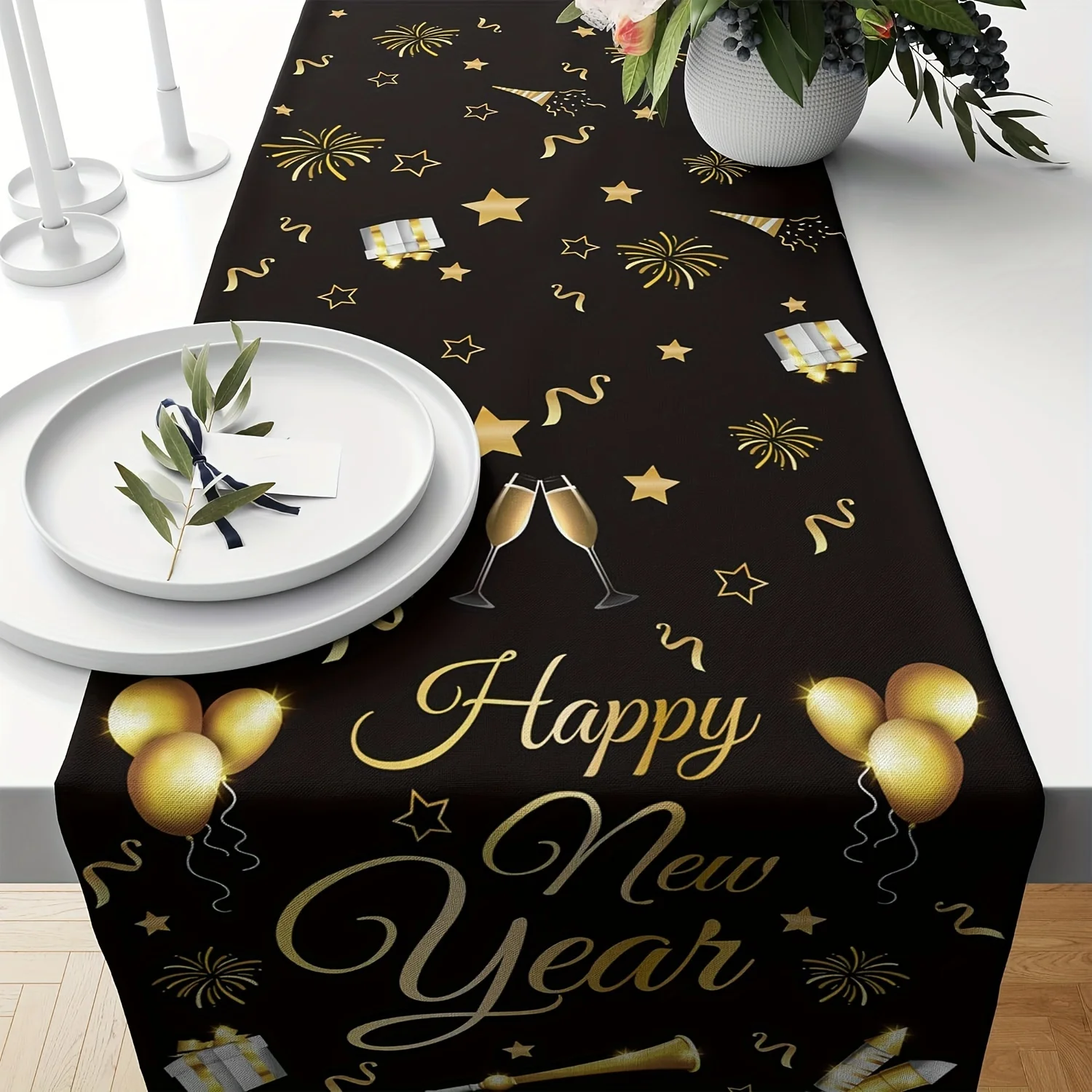 Happy New Year Decorations Table Runner Black Golden New Years Eve Party Supplies  New Year Gift Kitchen Festive & Party Decor