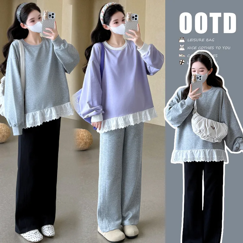 

2025 Korean Style Pregnancy Set Autumn Long Sleeve Lace Trim Sweatshirt Jogger Pants Two Piece Outfit Comfortable Maternity Wear