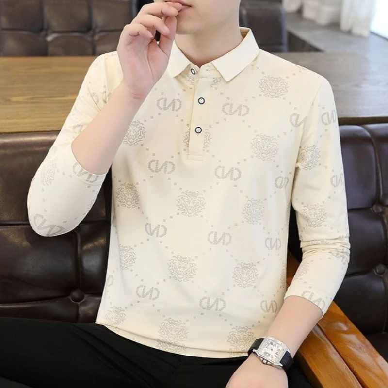 

Мужская тонкая хлопковая рубашка-поло с длинными рукавами, модный модный топ премиум-класса с принтом на весну и осень, Новое поступление, модный топ ​