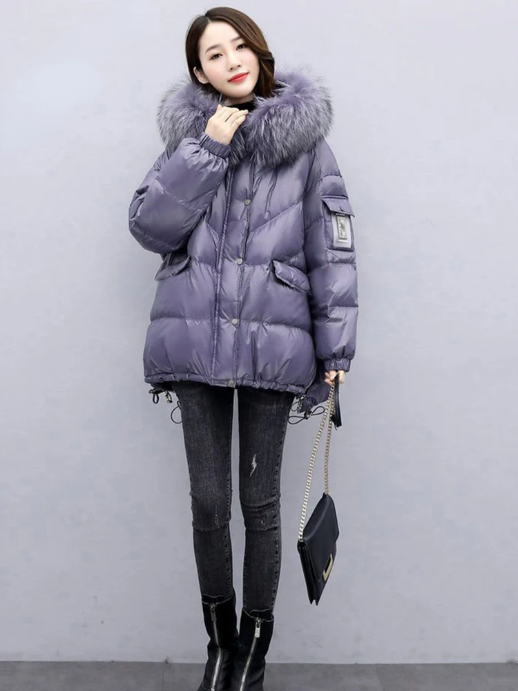 Winter Big Fur Collar 90% White Down Duck Snow Parka Hooded Winter Down Coat Women 90% White Duck Down Jacket Thick Warm Parkas