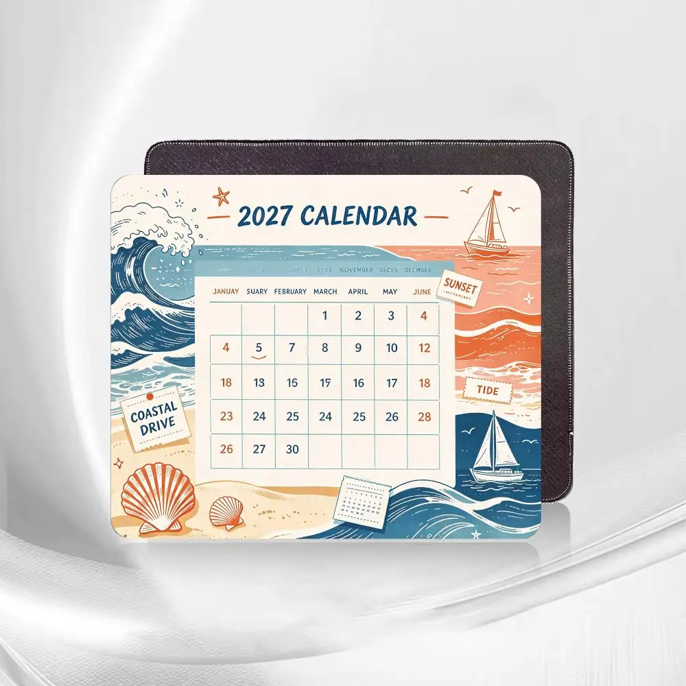 2027 Ocean Beach Calendar Square Mouse Pad Extended Card DeskMat Stitched Edge Non‑Slip Keyboard Mat For Home Office CP Game Mat