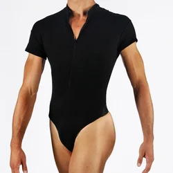 Mens Gymnastic Leotard Shorts for Ballet Dancing Short Sleeve Zipper Acrobatics Stretchy Gymnastics Leotard Jumpsuit Dancewear