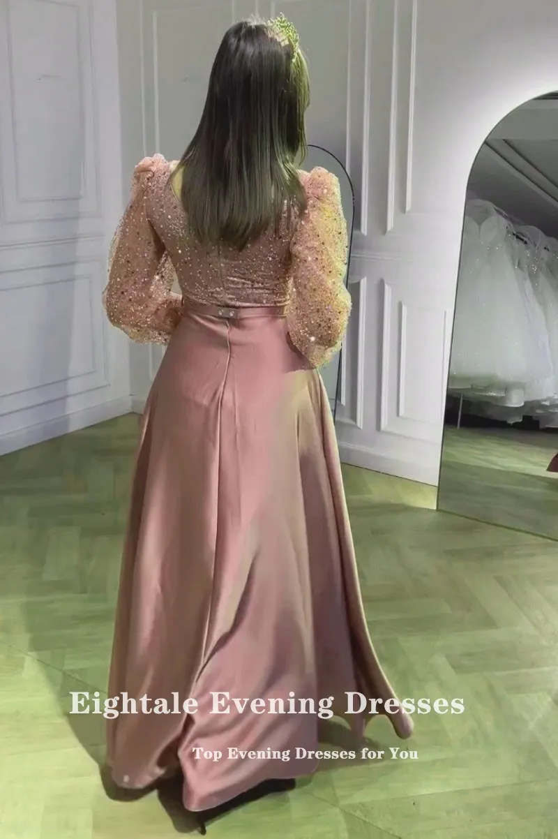 Eightale Elegant Evening Dresses Shiny Sequin Long Sleeves A-Line Prom Party Gown Dusty Pink Arabic Wedding Vestidos De Fiesta