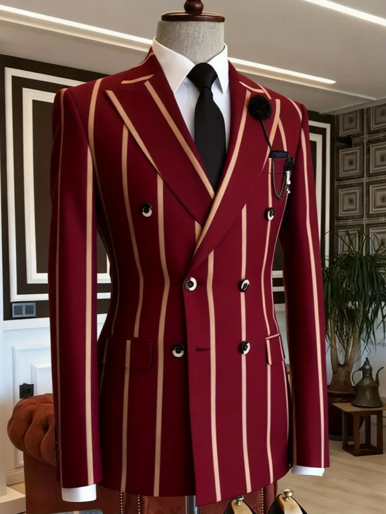 Men Slim‑Fit Burgundy Blazer with Light Contrast Vertical Pinstripe & Peak‑Lapel for Wedding Prom Evening Events