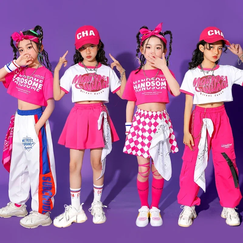 Teenage Girls Hip Hop Clothes Children Crop Top Cargo Pants Plaid Skirt Kids Streetwear Jazz Cheerleader Street Dance Costume