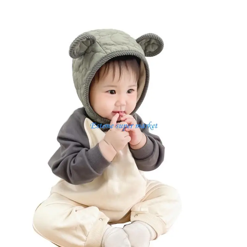 090B قبعة صغيرة دافئة لطيف الدب آذان مبطن بونيه قبعات الطيار الناعمة للبنين والبنات #2