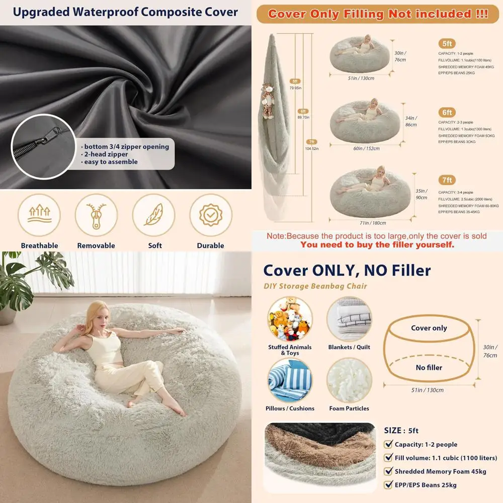 

Water-Resistant Bean Bag Chair Cover, 5T Round, for Adults, Kids, and Teens, Plush Animal Storage