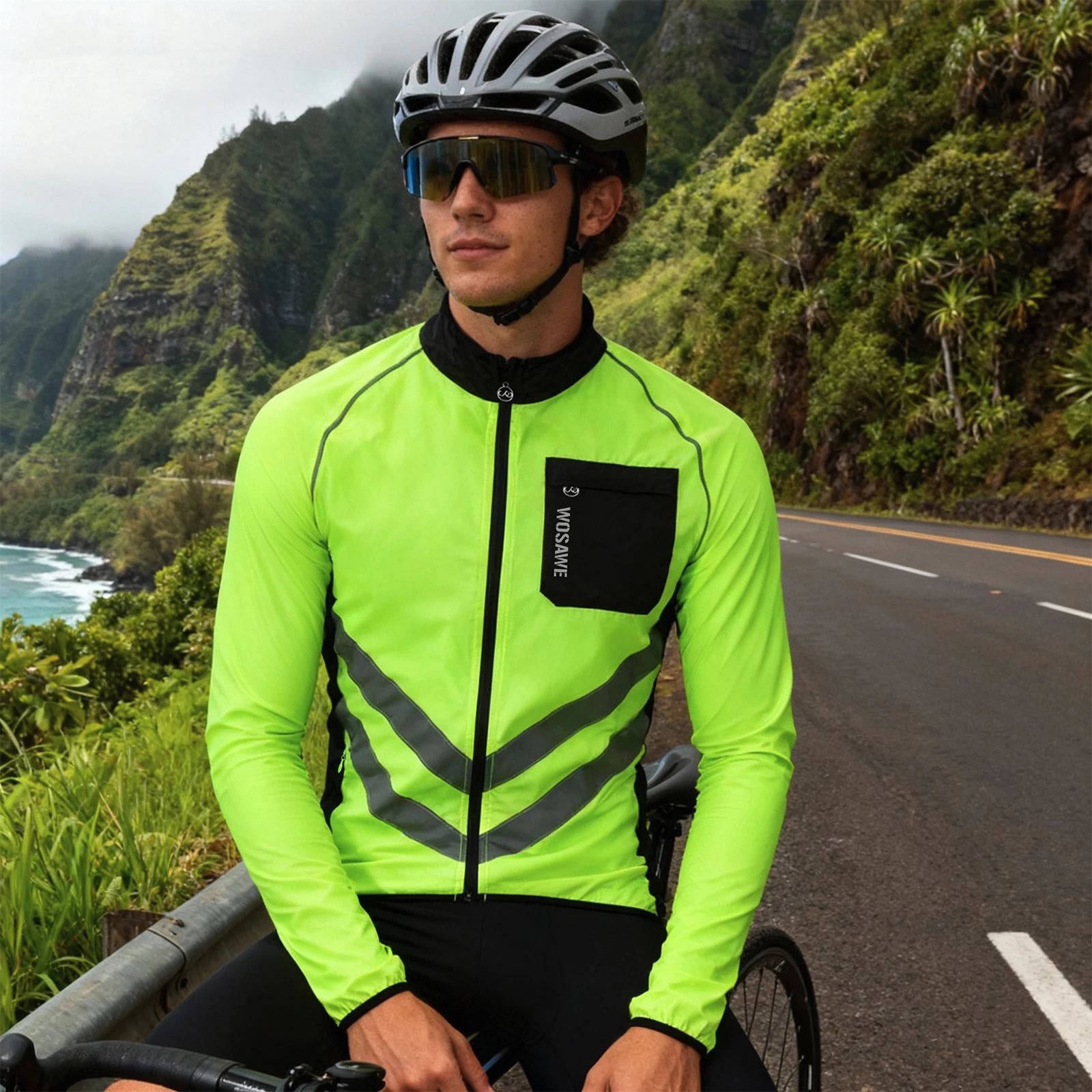 WOSAWE Radfahren Regenjacke Hohe Sichtbarkeit Multifunktionstrikot Rennrad MTB Fahrrad Winddicht Schnell Trocknend Regenmantel Windjacke – Detail 3