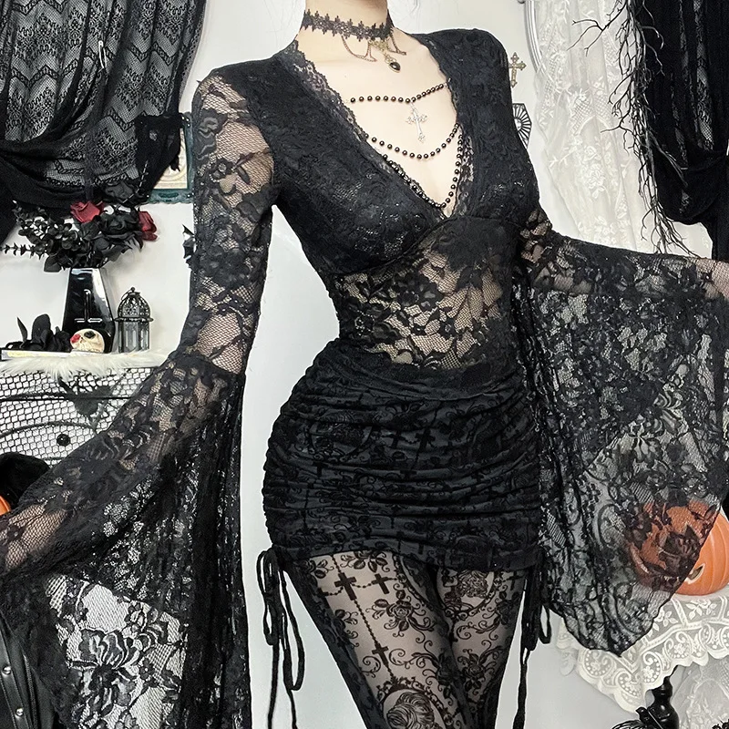 Dark Goth Lace See Through Mall Gothic Women T-shirts Emo Sexy Grunge Aesthetic Flare Sleeve Crop Tops Y2k Black V-neck Alt Tees