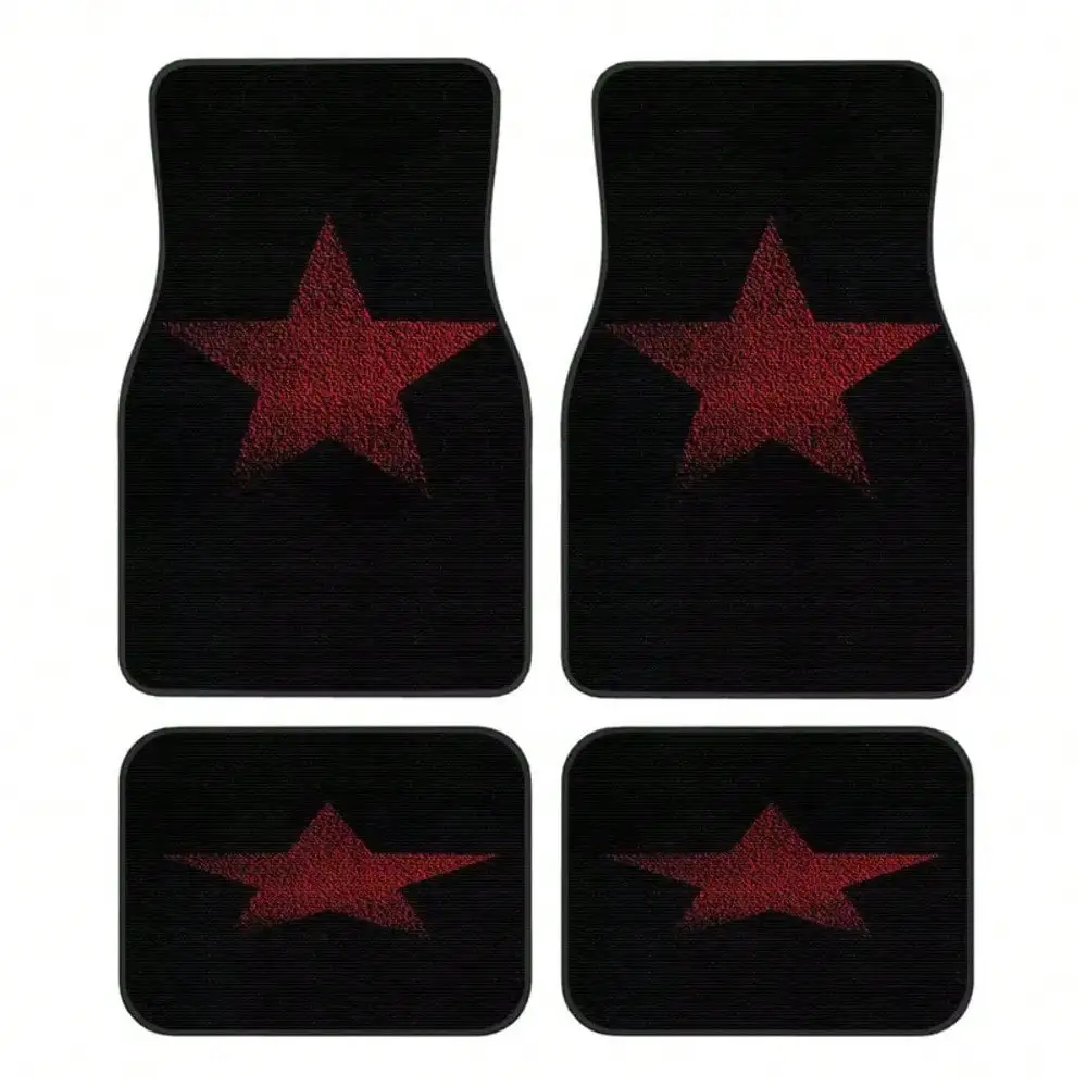 

4pcs Car Floor Mats Featuring a Classic Red Star Pattern on a Black Background | Stylish And Luxurious