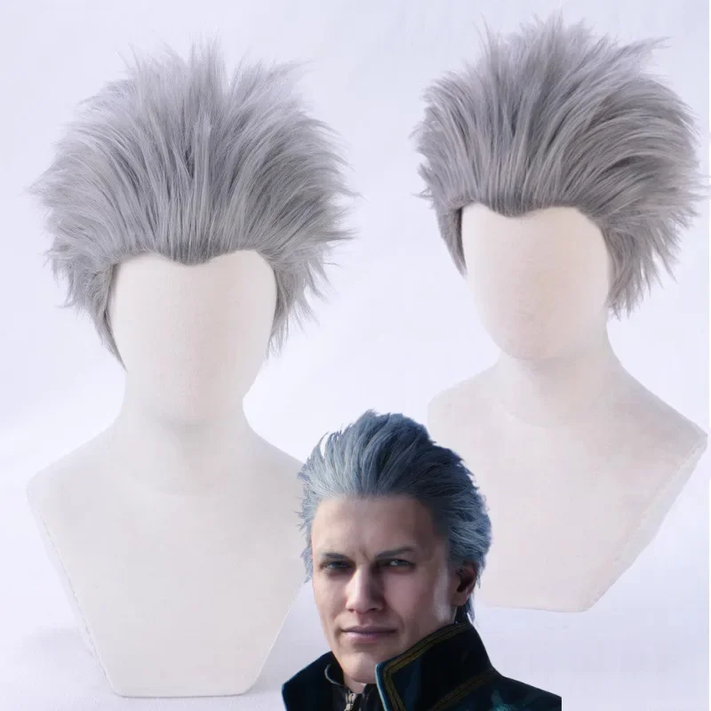 Peluca de Cosplay Vergil, pelucas de pelo sintético resistentes al calor, color gris plateado corto
