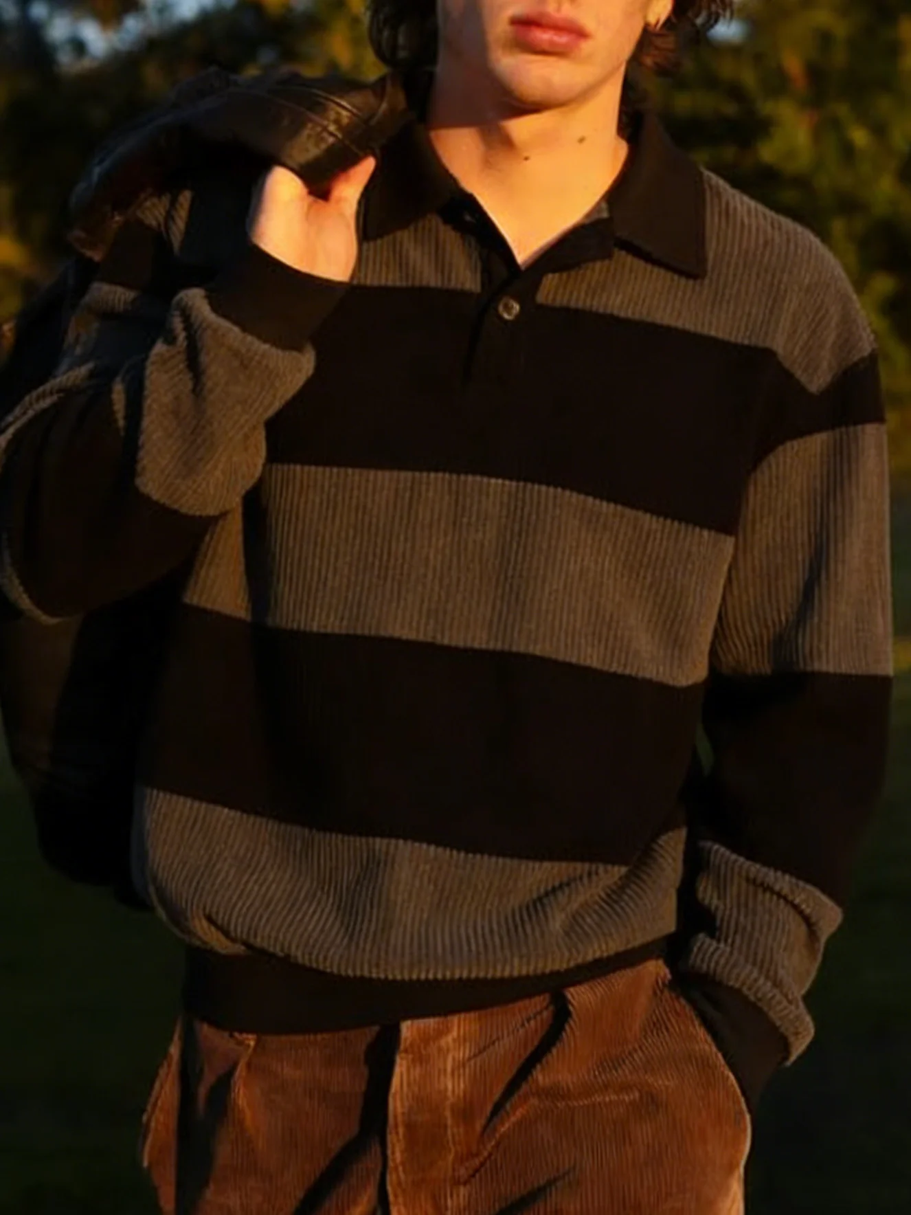Sudadera Polo de pana a rayas negras y grises, top holgado retro de manga larga con contraste, fuente de ropa masculina de comercio exterior