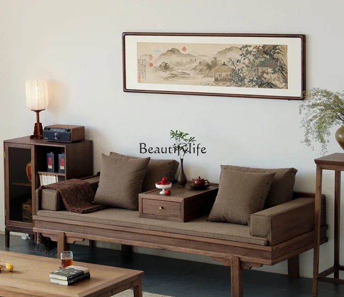 

FG44New Chinese Style Solid Wood Black Walnut Rohan Couch Retro Small Apartment Sofa Bed