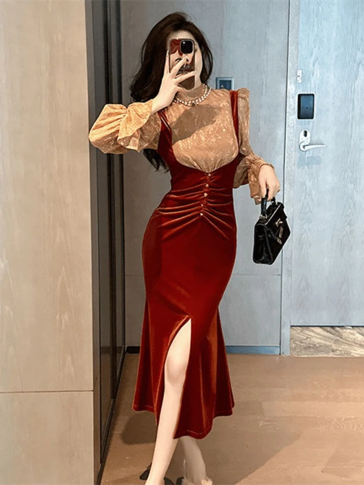 

Plus Size French Lace Appliqué & Empire Waist - Flattering Fitted Jumpsuit-Style Gown for Women Trendy Autumn Outfit Dress
