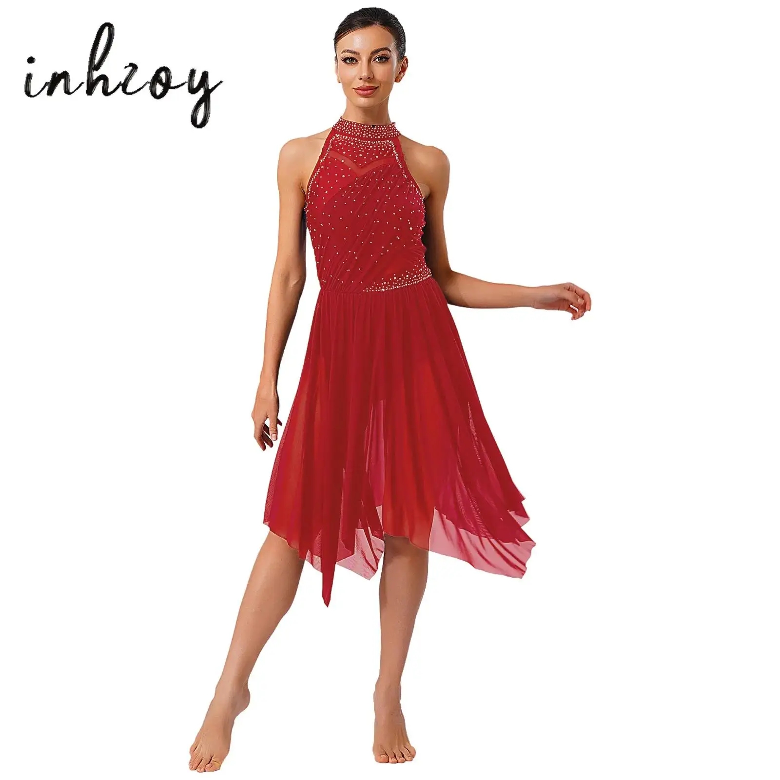 

Women Lyrical Dance Dress Halter Glittery Rhinestones Patchwork Irregular Mesh Ruffled Hem Dress for Dance Classes Competition