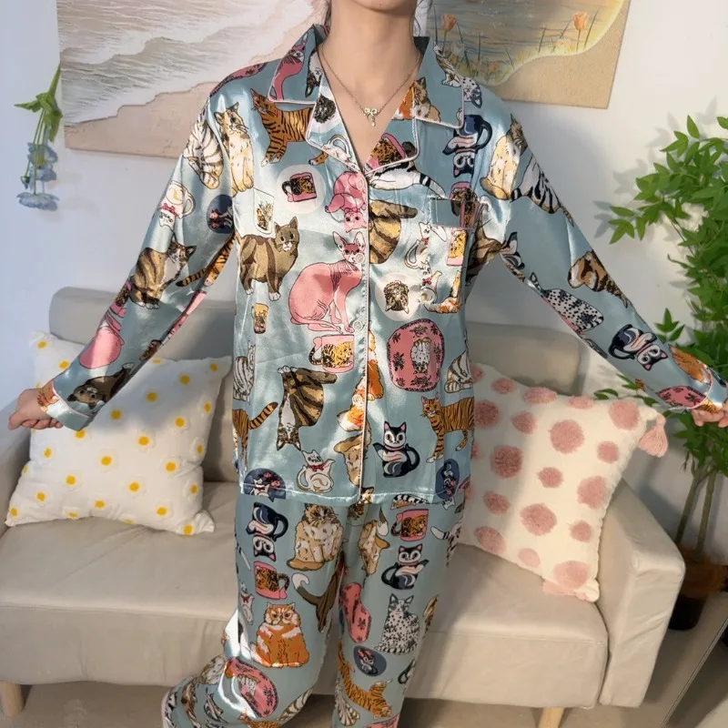 Korean version of kitten pajamas new long-sleeved two-piece loose casual loungewear sweet and cute loungewear kitten loungewear