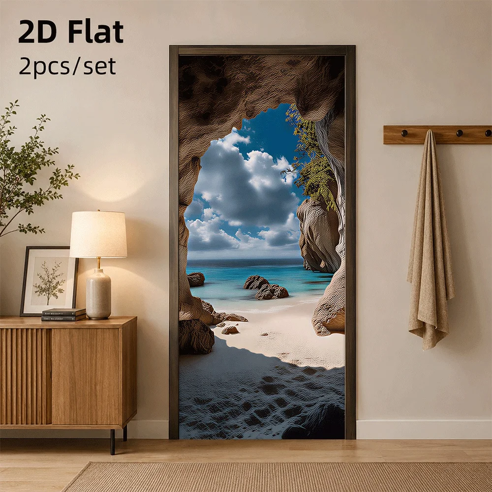 1 piece of natural scenery door sticker, ocean beach cave decoration sticker, self-adhesive removable wall sticker, 2D flat