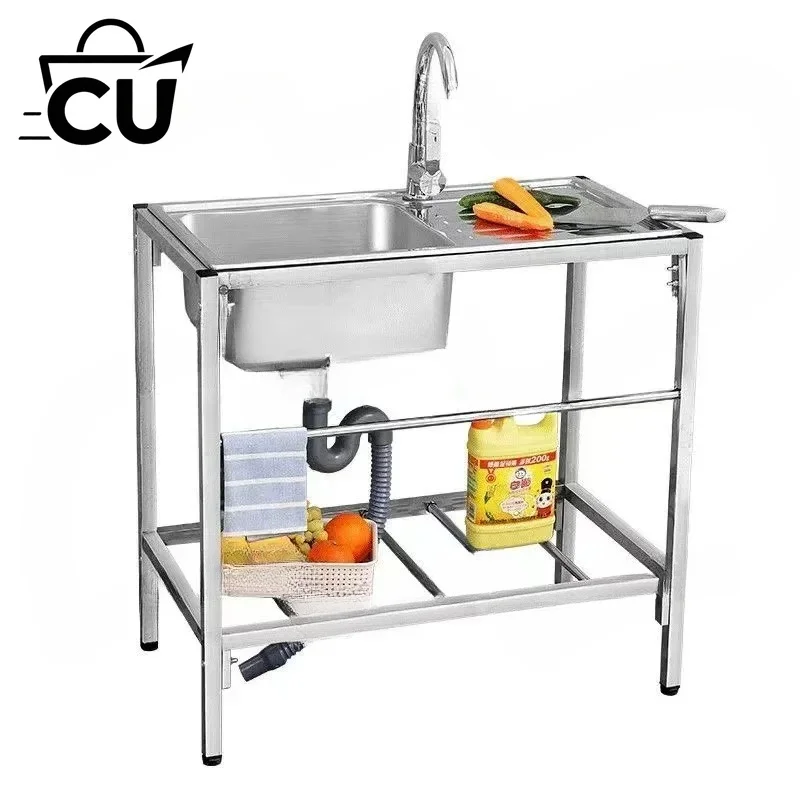 Kitchen Thickened Stainless Steel Sink Table Integrated Single Sink with Bracket Dishpan Washing Basin Sink
