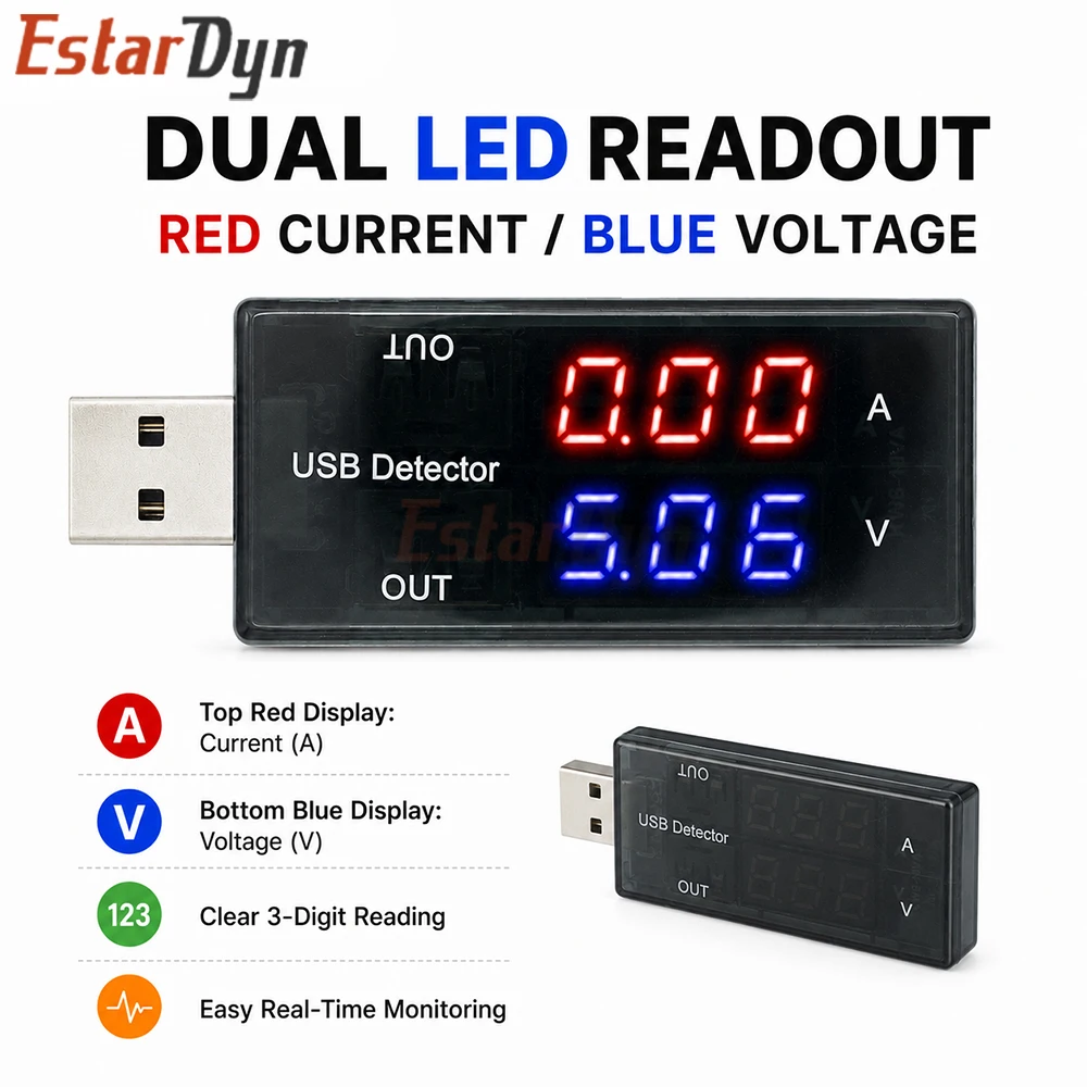 Estardyn USB Voltage Current Meter Tester Dual Display USB-A Male Female for Fast Charging Test Power Bank Check