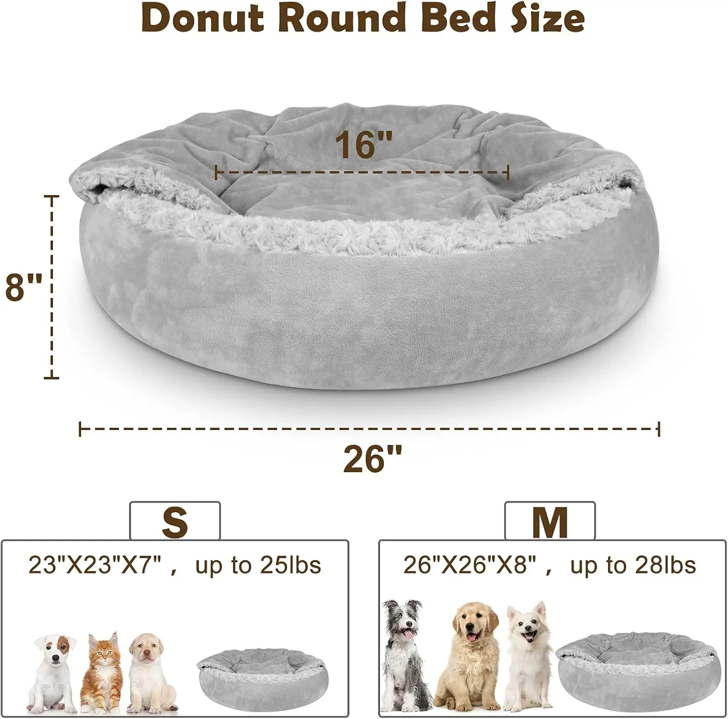 Cozy Donut Pet Bed for Small to Medium Dogs and Cats, Anti-Slip Machine Washable with Attached Blanket