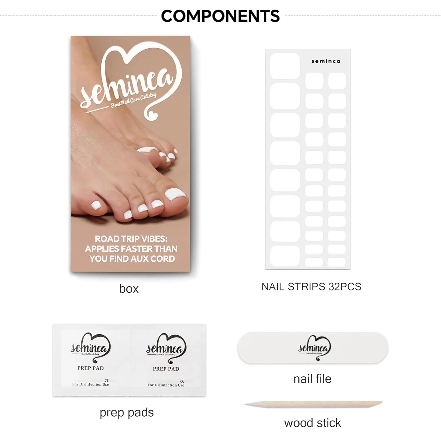 セミキュアジェルフットネイルストリップ（32枚入り） - 足用簡単装着フェイクネイル、サマーサンダル対応、UV/LEDランプ対応（ベーシックW）