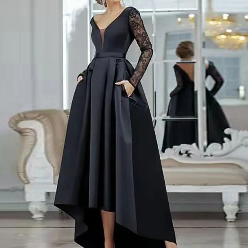 

Vinca Sunny Black Satin Evening Dress V Neck Lace Long Sleeve Backless robes de soirée vestidos elegantes para mujer فساتين السه