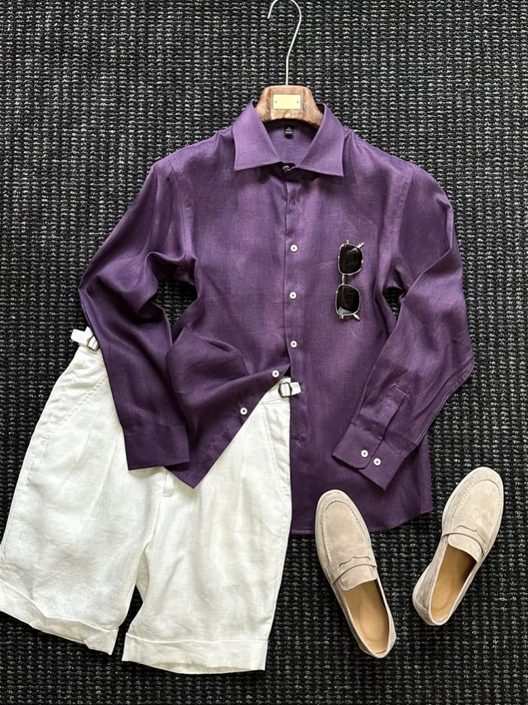 Italian Designer Men 100% Linen Shirt Business Work Summer Breathable Long Sleeve Tops Single Breasted Comfortable Holiday Shirt