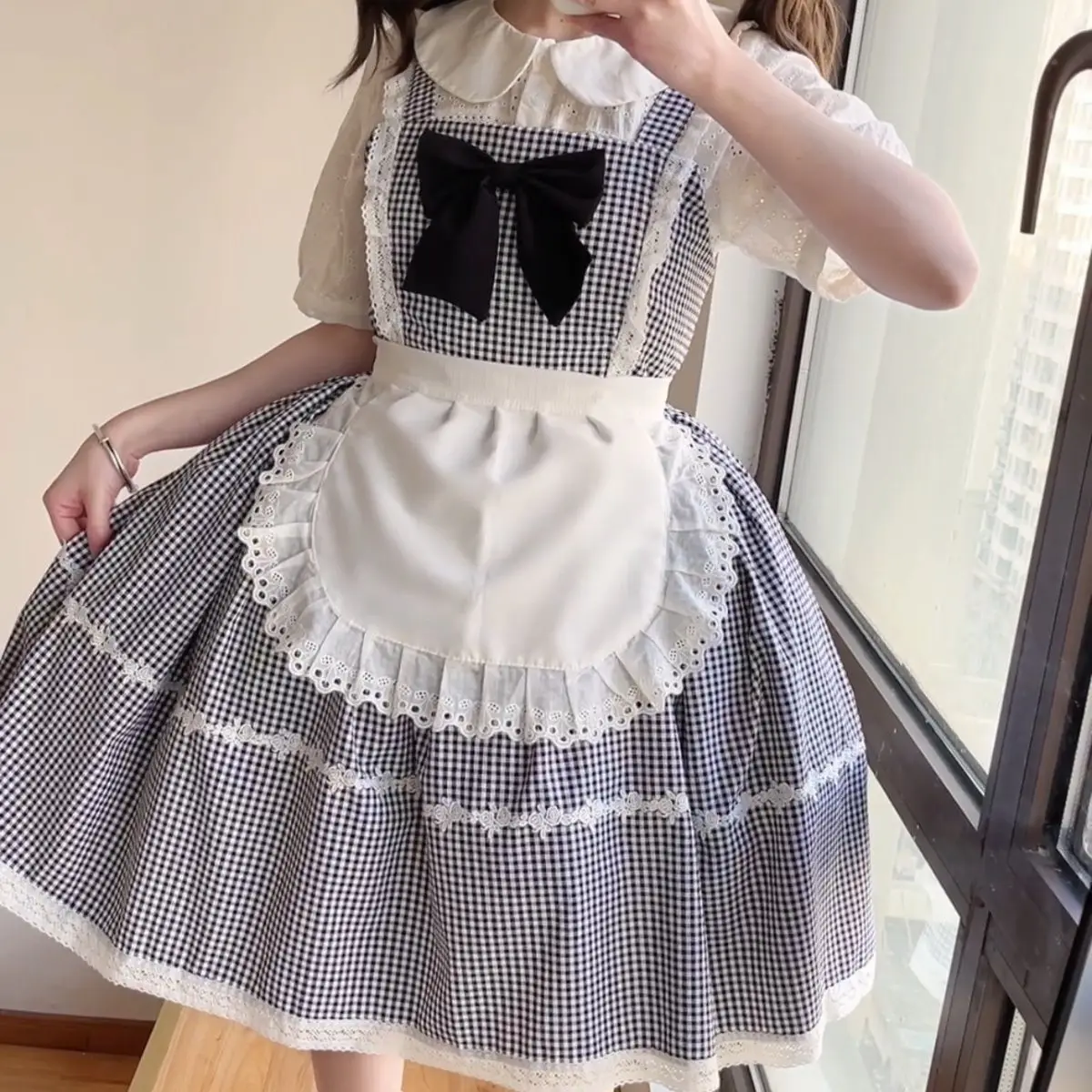 MAGOGO Victorian Vintage Lolita JSK Dress Women Kawaii Sleeveless Plaid Strap Dresses Sweet Bow Lace Princess Miad Dress Vestido