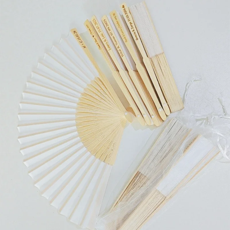 Z30/80 Pcs Personalized Wedding Handmade Silk Fan Wedding and Party Gift Custom Gifts With Organza Bag Mariage Abanicos Para Bod