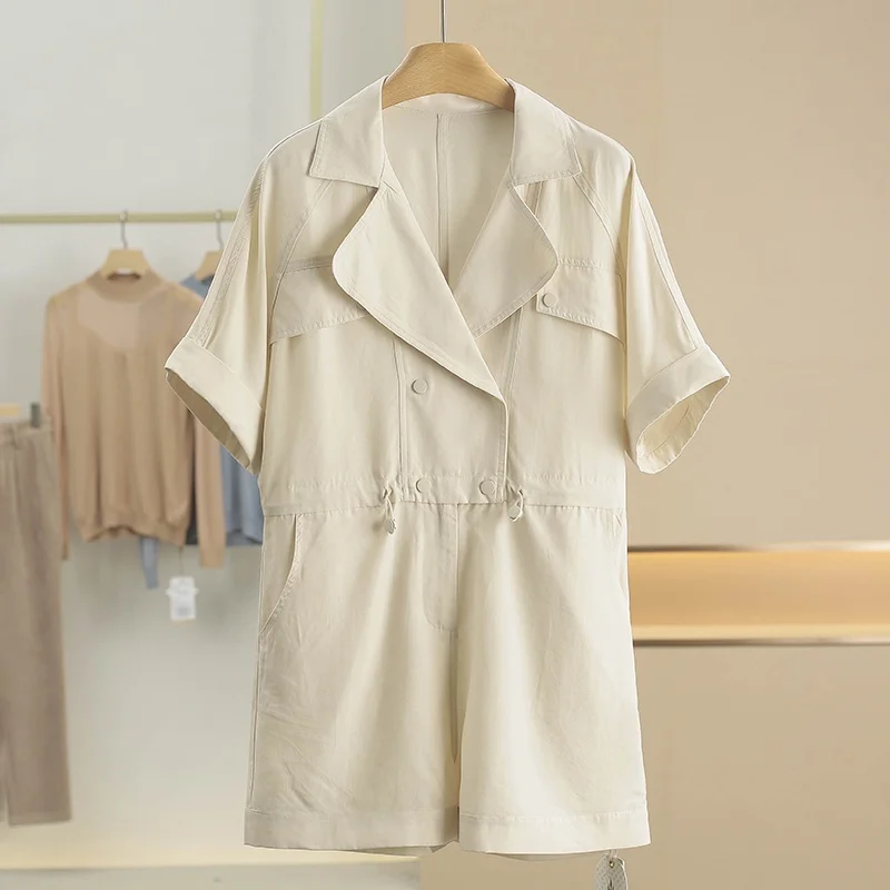 Summer New Women's One-Piece Suit ort Sve Dstring Collar Pure Color High Waist Straight Leg High Street Sle