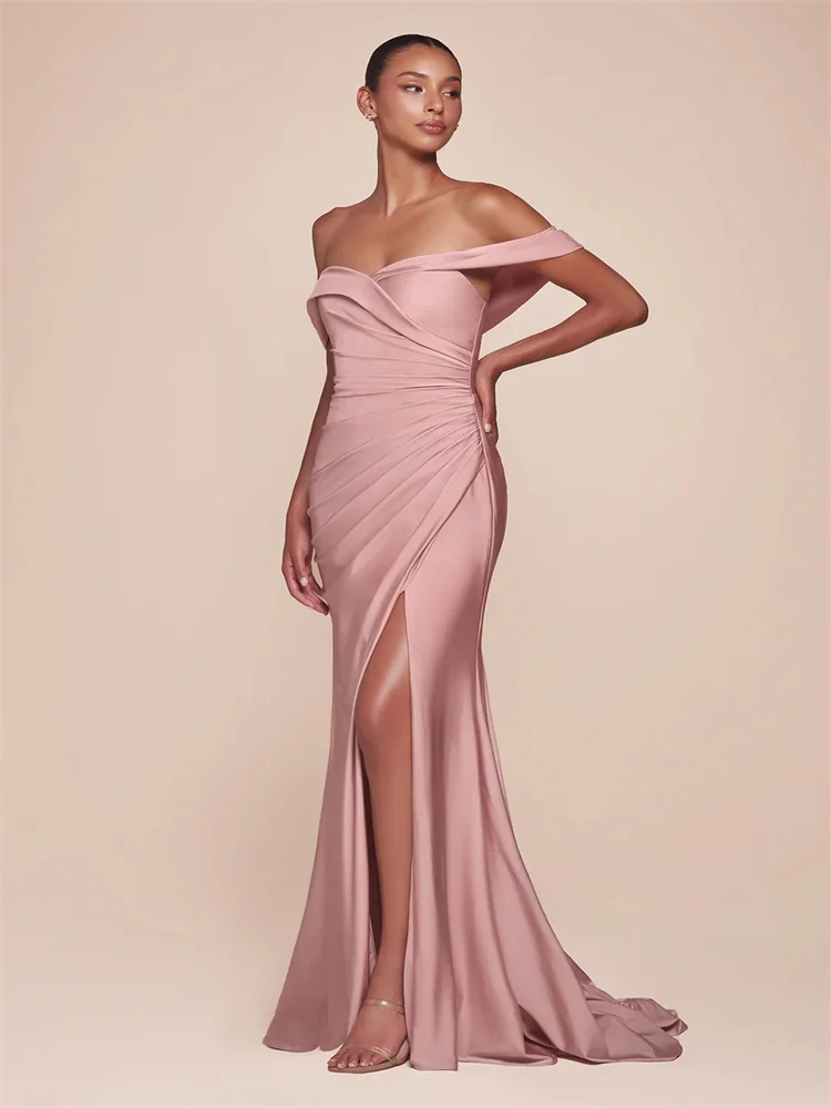 

Hot Selling One Shoulder Neckline Sleeveless Sheath Evening Dress Back Zipper Floor Length High Slit Sweep Train Gown For Women