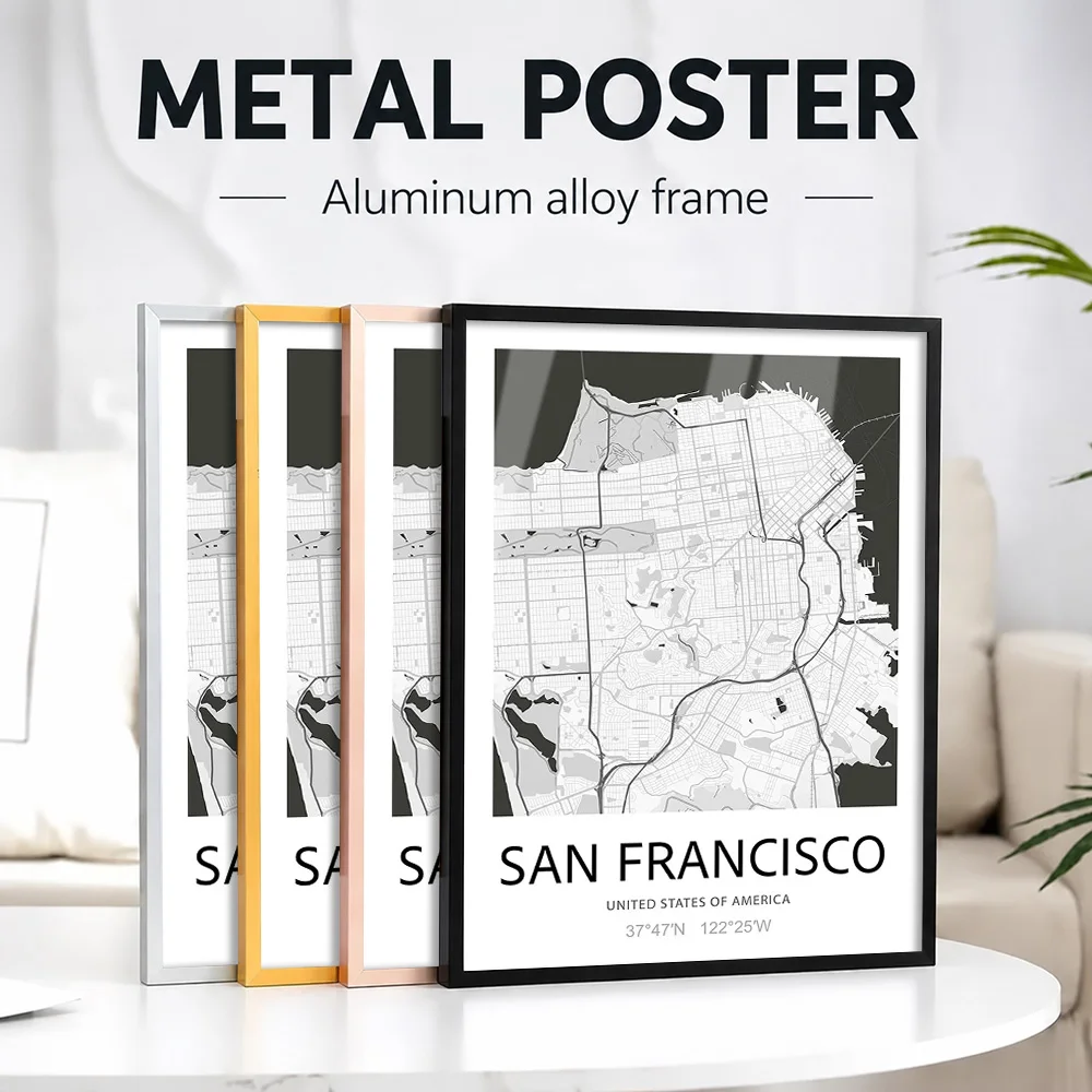 San Francisco City Map Framed Metal Poster Personalized Photo Contemporary Scenic Style Wall Art For Living Room Explorer Gift