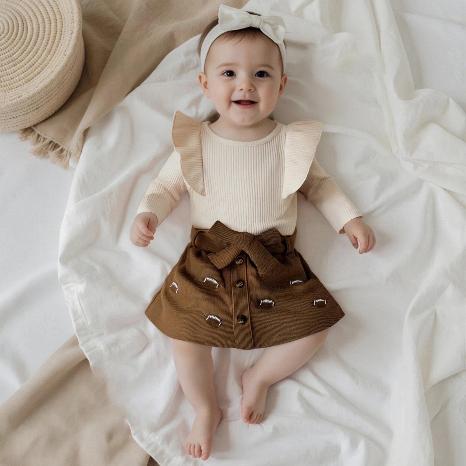 

Осенний наряд для маленькой девочки, футбольная/гарбузная/шляпа ведьмы, топы в рубчик с длинными рукавами, юбка с эластичной резинкой на талии и поясом