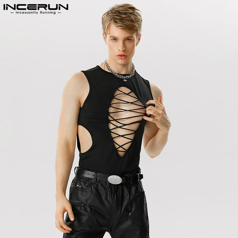 2023 Men Bodysuits Solid Color Hollow Out Sexy O-neck Sleeveless Male Rompers Tank Tops Backless Summer Fashion Bodysuit INCERUN