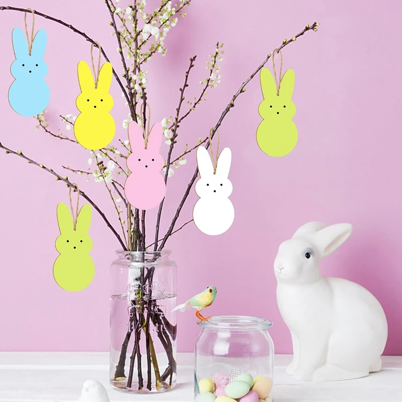 50 Pcs Easter Wooden Bunny Cutouts Hanging Ornaments Crafts Tags 7 Inch Unfinished Peep Bunny Wood Slices  Blank