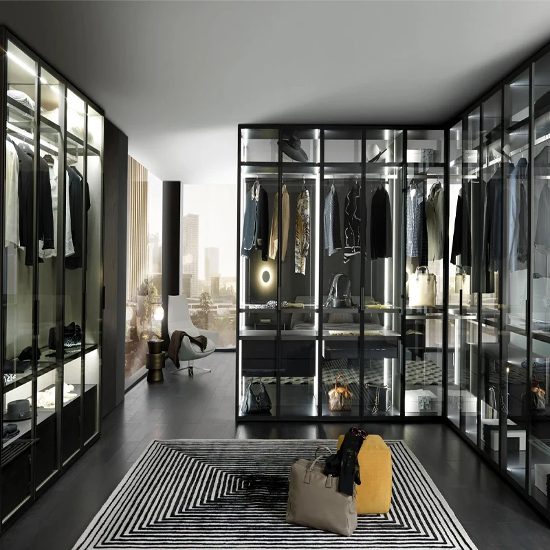 Luxury LED light clothes walk in closet wood shelving walk in wardrobe cabinetry walk in cabinet design