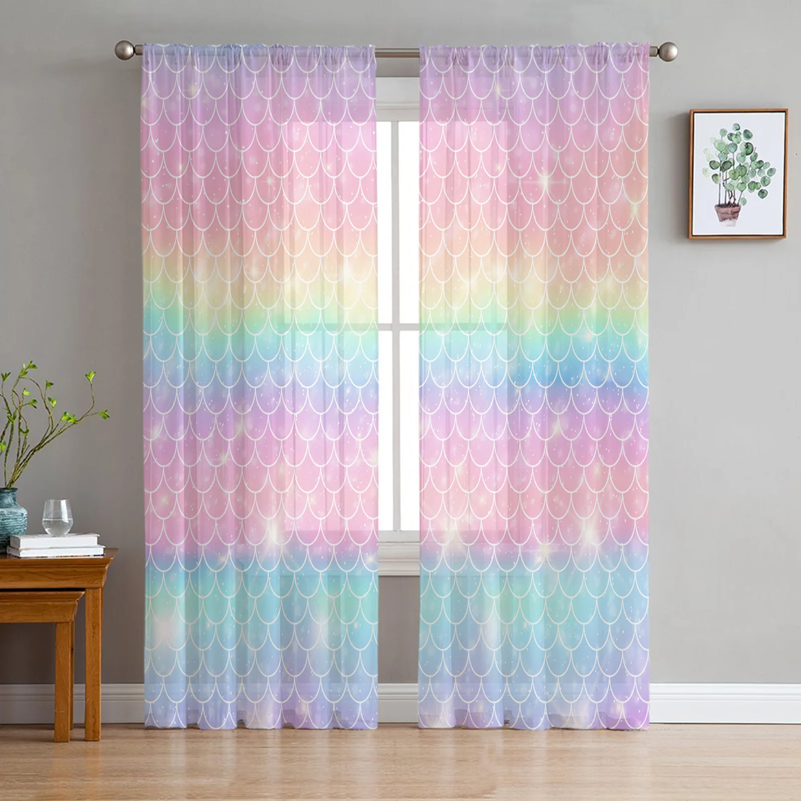 

Mermaid Scales Ocean Rainbow Chiffon Sheer Curtains for Living Room Bedroom Home Decoration Window Voiles Tulle Curtain