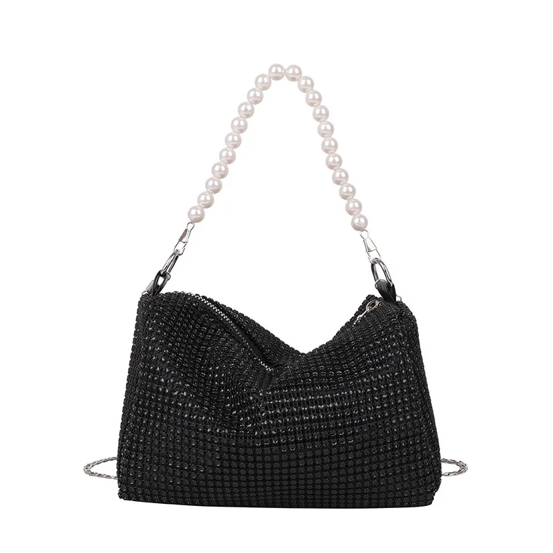 French Girl Evening Bag Fashion Ladies Shoulder Crossbody Bag Women\'s Crushed Diamonds Chain Women\'s Bag Pearl Shoulder Strap