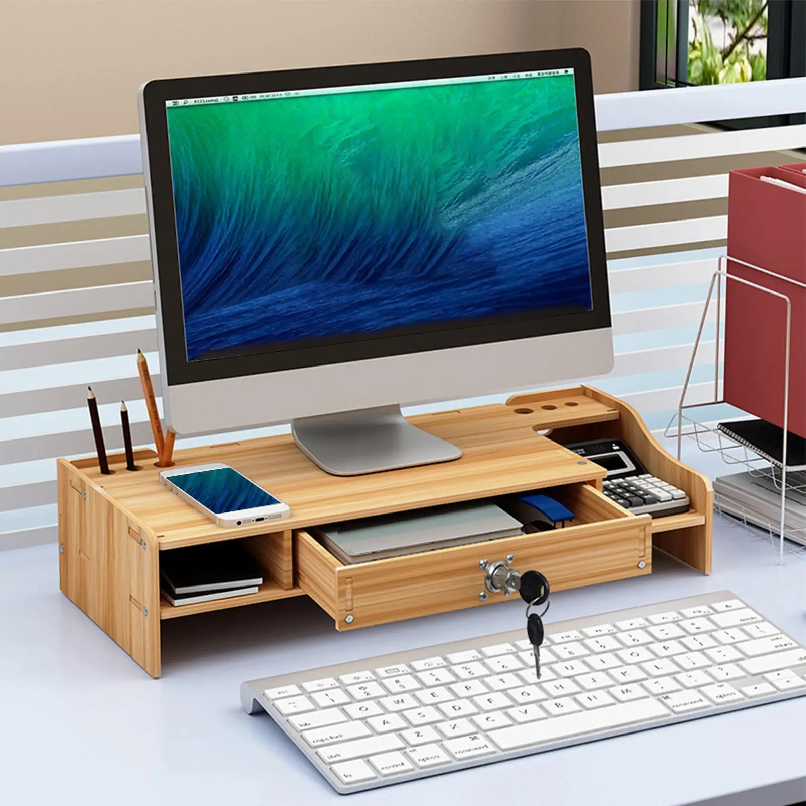 Monitor Stand For Desk Wooden Desktop Organizer Shelf With Drawer Wood Computer Monitor Riser For Laptop Printer PC TV Screen