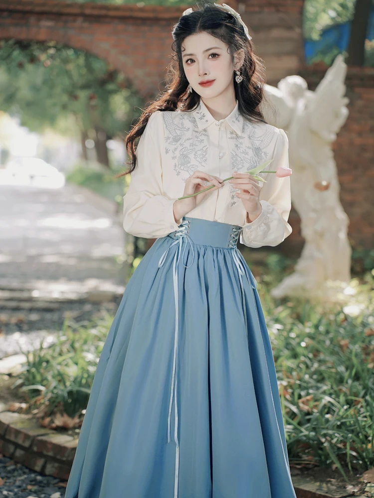 Original Design Two Piece Skirt Set Women Spring Autumn Embroidery Shirt and Lace Patchwork Long Skirts Outfits